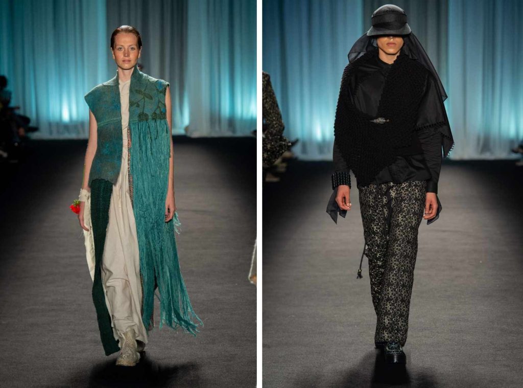 In the image on the left, Tejidos Rebanca delves into artisanal techniques involving textiles and dyeing, combined with contemporary silhouettes to merge the two languages.